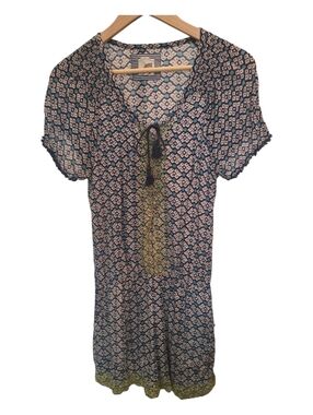 Anthropologie Sika by Phyllis Taylor Blue Cotton Geometric Romper Tassel Med